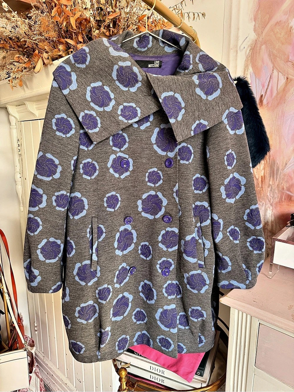 Love Moschino Double Breasted Floral Wool Blend Coat Floral Wool Blend Coat Gray